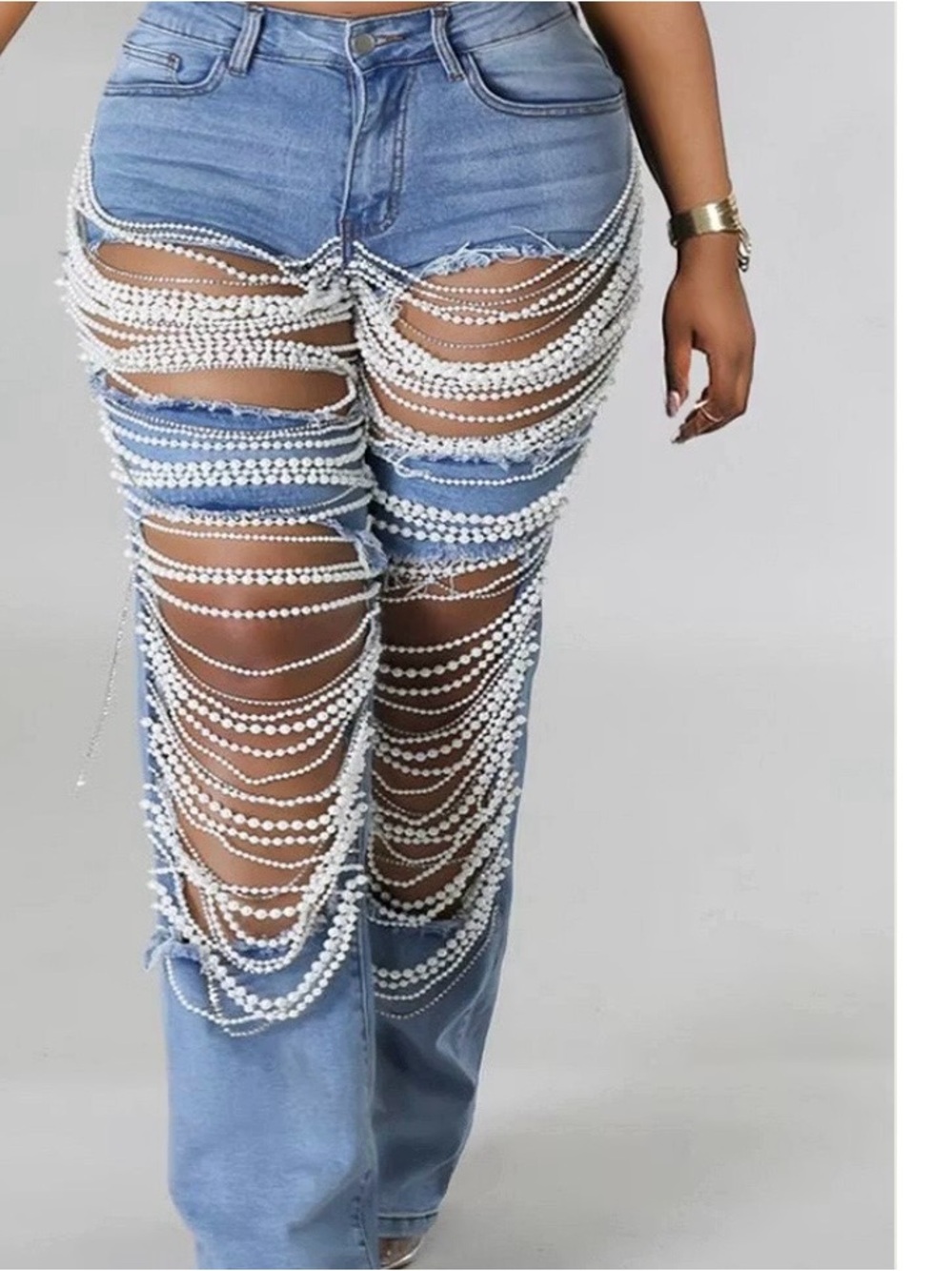 Pearl-Trim Distressed Light Blue Boyfriend Jeans